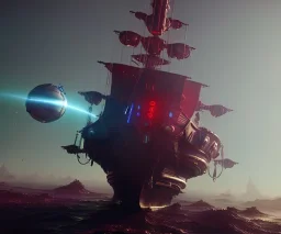 pirate ship, futuristic, metallic, laser cannons, space, alien planet