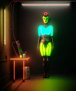 Ultra realistic photographic night portrait, cinematic, happy <pinup woman> in garage <droid friend>, hot, retro futuristic dress <thriller>, neon lights, color fog, soft color, highly detailed, unreal engine 5, ray tracing, RTX, lumen lighting, ultra detail, volumetric lighting, high definition.