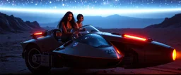 portrait, space race on mega vehicle, From the shadows, they rise, with a spark in their eyes, Ethereal echoes of a world we once knew, With the glam and the glamor, we reach for the skies, Cosmic rhythms pull us through, [Chorus] Suti came for our world, with the power to ignite, Dancing through the stars, we find our light.
