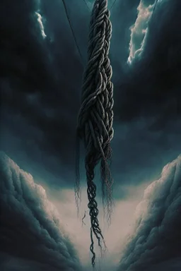 Human corpses, a long, strong and large rope hanging from the terrifying sky, inspired by science fiction, the scene is drama and cinema scenarios, the epic of the sky, dark colors, sad and depressing ،