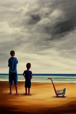 painting of young boy standing and old man sleeping on beach, dark storm clouds overhead, gloomy, bleak, shopping trolley, ship at sea, little fires