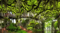 Gigantic mushroom village with balconies, archways, stairs, bridges, bushes, spanish moss, ivy, river, a winding pathway through the middle, in a valley