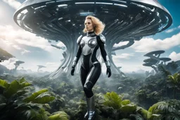 Wide-angle photo of a slim sci-fi woman with blond hair, wearing a silver and black futuristic android-like spacesuit, standing on an alien cloud tree jungle planet