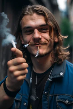 mean lookin' guy with a mullet pointing his hand like a gun at the camera while he smokes a burning cigarette and does cuernos with his other hand