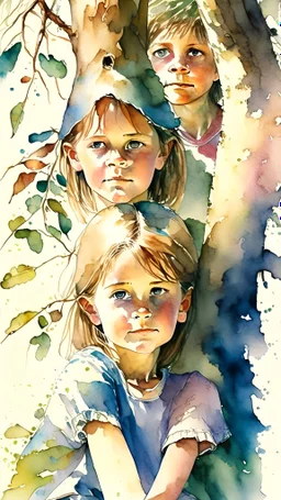 Watercolor color painings of three 10 year old children in a backyard under a tree. perfect face