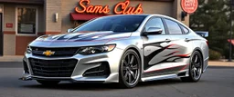 suped up 2024 chevy impala supersport musclecar, silver with black flames outlined with a thin red pinstripe, in front of Sam's club, SuperSport car, impressive, VIP, award winning, detailed