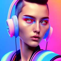 woman teenager, headphones, retro futuristic, Bang & Olufsen, shaved hair, leather, gradient color, BLUE, PINK, CYAN, neon, insanely detailed, 16k resolution, perfect eyes, cinematic smooth, intricate detail