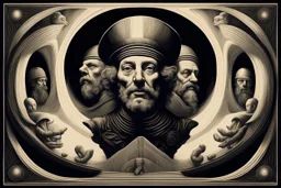 propaganda poster in the style of Rembrandt, Escher and Giger