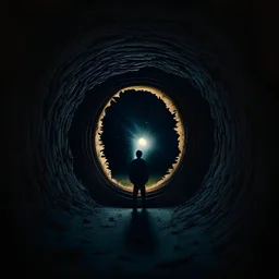 a person looks through a keyhole in the middle of pitch darkness