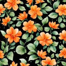 orange color green flower water color SEAMLESS PATTERN on black background