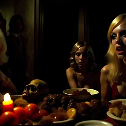 Horror movie shot, spooky, hot, ultra realistic, dine, horns, ultra realistic hot blonde women, party, pieces of meat, organs, ail, dynamic, very excited people, hypermaximalist figures, light, 1970's Italian horror movie, sinister,, Dario Argento, Stanley Kubrik, ornate, 4k, photorealism