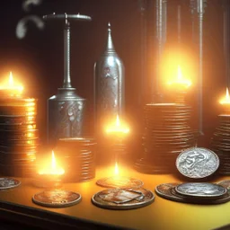 dynamic lighting, Intricately detailed, Splash screen art, deep color, Unreal Engine, volumetric lighting, silver coins, gold coins, silver treasure, stacked coins, indoors, study room, candle, altar, black table, sigil, shiny,