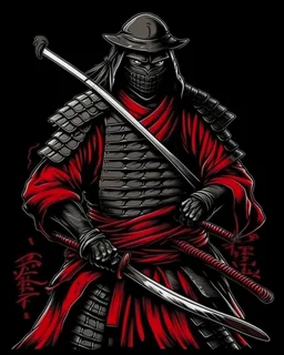 samurai with a katana, into an armor, red black colors,