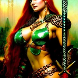 portrait 'beautiful Sexy Busty RedSonja',braided long hair,horned helmet, celtic tattoed,crystal clear green eyes,painting by gaston bussiere, greg rutkowski, yoji shinkawa, yoshitaka amano, tsutomu nihei, donato giancola, tim hildebrandt, oil on canvas, cinematic composition, extreme detail,fit full head inside picture,32k