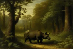 A dark brown rhino in a forest painted by George Inness