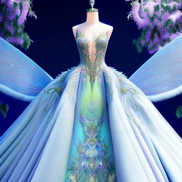 stunning couture gown designed by Marchesa inspired by fairies, realistic epic elegant fantasy colors, detailed, high quality, intricate, fantasyland background,