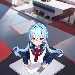 Clear focus, High resolution, long fluffy light blue hair, hair between eyes, long locks, wearing a sailor uniform, wearing a sailor skirt, long black socks, 1girl, cartoon, cute, UNFOTABLE studio, red tie, sitting, outside setting, nothing infront of character, sitting on floor