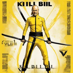 Iconic "Kill Bill" movie poster with smiling Bill Burr in a sleek yellow spandex body suit armed with katana, movie graphic text "KILL BILL VOL III", dramatic, concept art, digital illustration