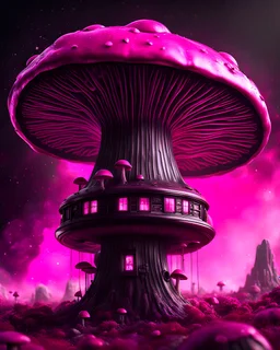 singular weird floating mushroom house in space. bronze, black, and fuchsia tones, intense cosmic space, intergalactic, interstellar. Detailed Matte Painting, deep color, fantastical, intricate detail, splash screen, hyperdetailed, insane depth, concept art, 8k resolution, trending on Artstation, Unreal Engine 5, color depth, backlit, splash art, dramatic, High Quality Whimsical Fun Imaginative unusual, good composition