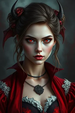 a vampire teen, female, red eyes, pretty, fantasy, medieval