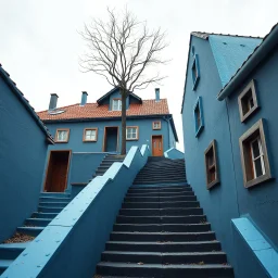 Fotografia di strada assurda e falsa orripilante blu weirdcore dai colori vivaci, liminalcore. Escher. Scale che scendono. Yves Tanguy. Non luogo falso, inusuale. Le case sono false e dipinte di nero chiaro con cose stilizzate e dettagli. Ci sono finestrelle false quadrate, che danno un senso distopico e molto surreale, disposte in modo casuale. L'atmosfera generale sembra noiosa e onirica, con un contrasto tra elementi reali ed elementi dipinti falsi, René Magritte, oddest things