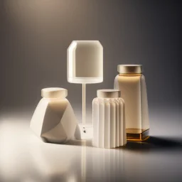 studio photography of a set of highly detailed irregular non-existent glass products, stacked in impossible balance, perfect composition, film studio light, beige color scheme, indirect lighting, 8k, elegant and luxurious style