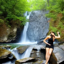 a seductive woman posing by a waterfall