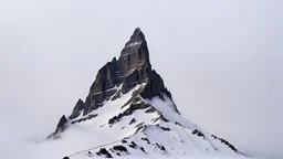 looking up at a single sharp narrow mountain, the peak covered by clouds and fog.
