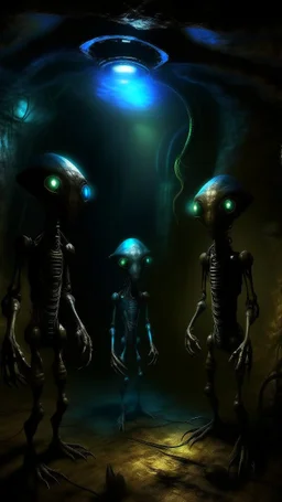 Si-Fi, a group of strange aliens warier inside The cave of Batman atmospheric lighting effects, intricate industrial details, moody atmosphere, eerie grimdark ambiance, complex motherboard accents, speculative fiction art. Bokeh, Busch painting style