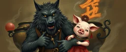 bad hairy chest wolf carrying a lovely scared wtf are you up to, chinese pig girl with dress under his arms, big cauldron in the background in the style of escher