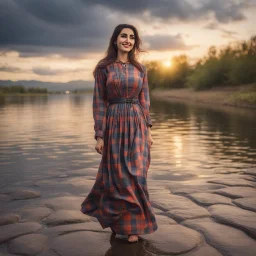 Hyper Realistic Young-Happy-Pashto Woman wearing checkered-patterned dress on riverside at cloudy sunset with dramatic ambiance