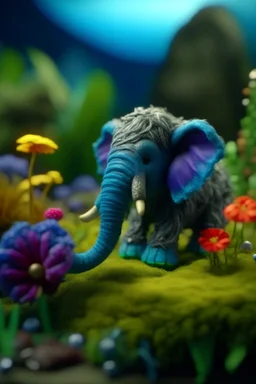 cute fluffy camo toy elephant jewelry in the room holding weird flowers in his trunk in the style of pixar, on a strange planet with weird colors and waterfalls, bokeh like f/0.8, tilt-shift lens 8k, high detail, smooth render, down-light, unreal engine, prize winning