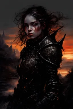 A formidable warrior girl in black armor, on the background Amazing gloomy landscape, flooded with sunset, mountains, trees, fabulous scary hero, , juicy emotions, painting, dark fantasy, gloomy day, dark world, portrait, Gothic Town At Night, Fantasy, Intricate Details, Castle Courtyard Gardens, Hyper Detailed, Jean Baptiste Monge, Carne Griffiths, Michael Garmash, Seb Mckinnon, Masterpiece