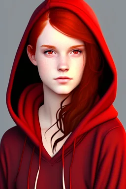 A sassy beautiful young woman with dark brown eyes and shoulder length red hair wearing a black hoodie. Realistic.