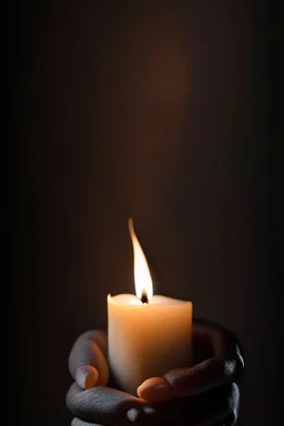 close up photography of female hands holding strong a very long burning wax candle, in a dark room, ambient occlusion, photorealistic