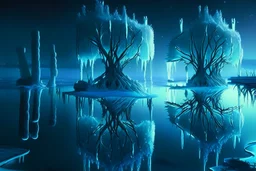 Ice blocks, one tree, night, lagoon reflection, sci-fi, epic,