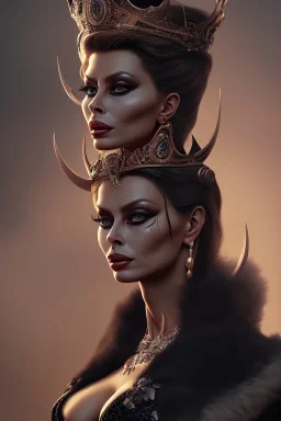 Sophia Loren as evil queen in black leather, cleavage, angry, stern look. character design by cory loftis, fenghua zhong, ryohei hase, ismail inceoglu and ruan jia. unreal engine 5, artistic lighting, highly detailed, photorealistic, fantasy