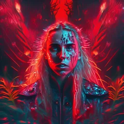 Singer Danish MØ face, blood,jacket punk with sparks and lights futuristic, guts, wildflower, cosmic, intricate, darkred tones, ominous, nature, plants,