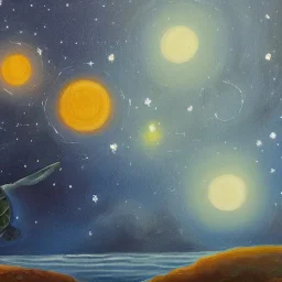 Oil painting turtle and moon and starry sky