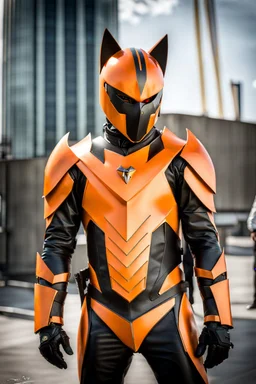 Catman in futuristic orange armor, photograph