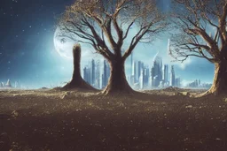 Sci fi distant city, planet in the horizon, tree