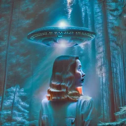 photo of a young woman in a dark forest looking at a UFO in the sky, martin scorsese style