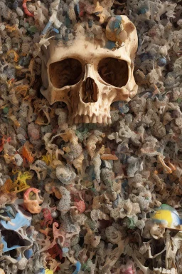 a picture of a dark, comedic, anatomically correct wall of colorful tightly packed skulls of varying sizes and expressions, photo realistic, insanely meticulous, highly detailed, part of a collection of bones on display, 64k, dystopian, vray stained glass