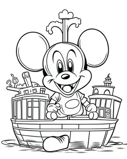 outline art for Mickey Mouse Steam Boat coloring page, Japanese manga style, cartoon style, cute face, white background sketch style, full body is a must, only use outline, clean line art, no shadow, bold outline