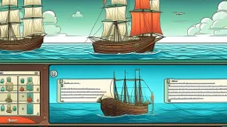 My apologies, I missed that detail about the specific controls. Here's an updated prompt for the AI image generator chatbox: **Game UI: Boat Sailing** * **Layout:** Split screen (top 3/4: game world, bottom 1/4: controls) * **Game World:** Stylized sailboat (single mast, billowing sail), ocean environment (waves, horizon), optional obstacles. Subtle wind direction indicator. * **Controls:** * Rudder Crank Wheel (large wooden wheel) * Two ropes on sail (Mainbrace): Left rope pulls (incr