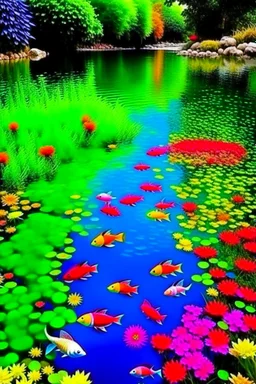 a pond with clear water multicolored fishes underwater flowers vines