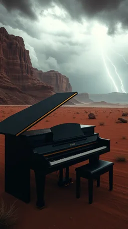 A big black piano in the middle of a stormy wether in the desert , surreal a highly quality 8k photo