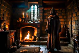 Interior of castle, warrior monk stands before the fireplace