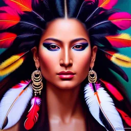 Ultra detailed fullbody Portrait in oil on canvas of beautiful female apache with feathers,extremely detailed digital painting,ultrarealistic skin,intense stare, extremely detailed face, crystal clear eyes, mystical colors ,perfectly centered image, perfect composition, rim light, beautiful lighting,masterpiece ,8k, stunning scene, raytracing, anatomically correct, in the style of Simon Bisley and uncannyknack and Ohrai Noriyoshi and robert e howard and Steve Jung.