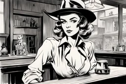 front-view camera, Inking art, Milton Caniff, Alex Raymond, John Buscema, a beautiful european Woman sitting in old west saloon at the table and her eyes look down on a table